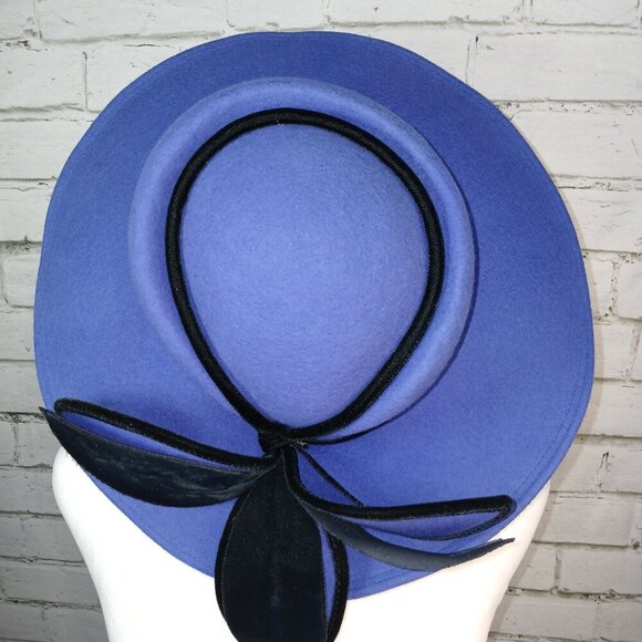 MR D DESIGNER WOOL HAT, WOMEN'S, ELECTRIC BLUE WITH BLACK FLORAL LEAF DESIGN - Picture 7 of 12